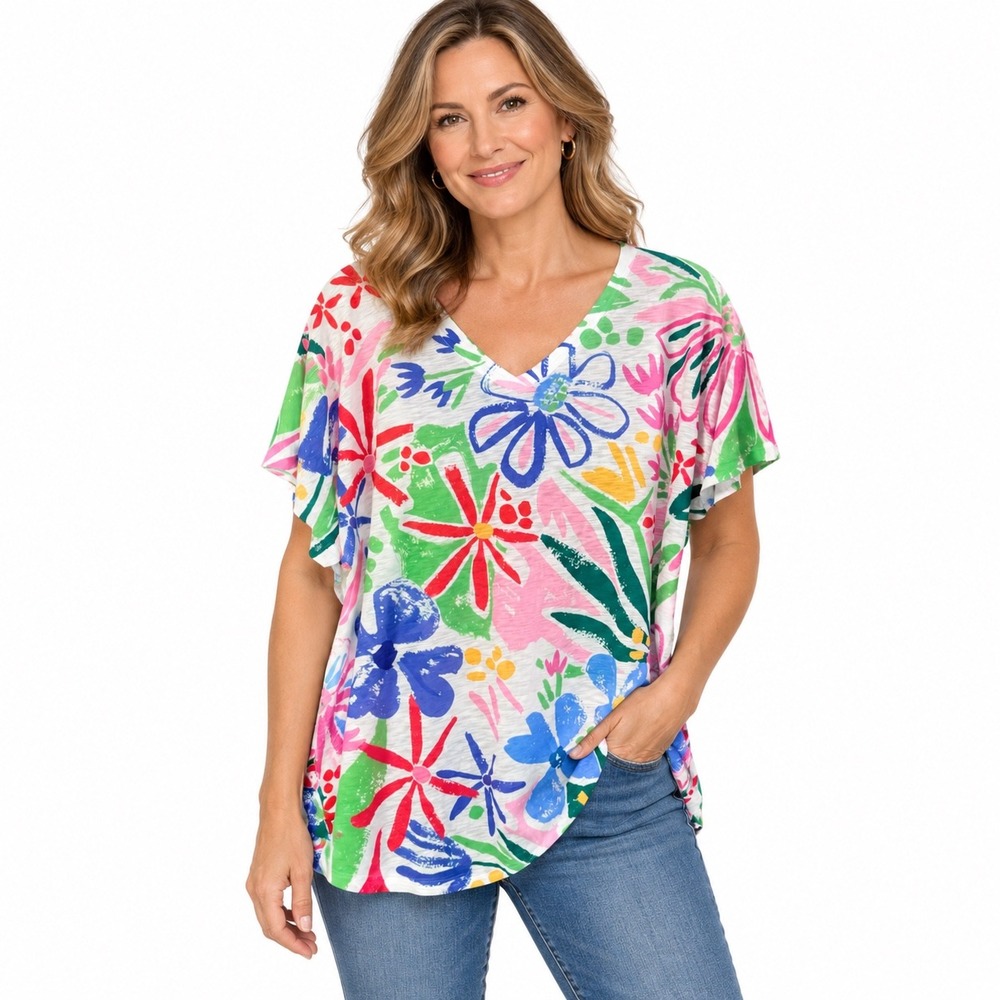 NEW Jess & Jane 2X V-Neck Floral Slub Knit Top Multicolor Short Sleeve 60-000X